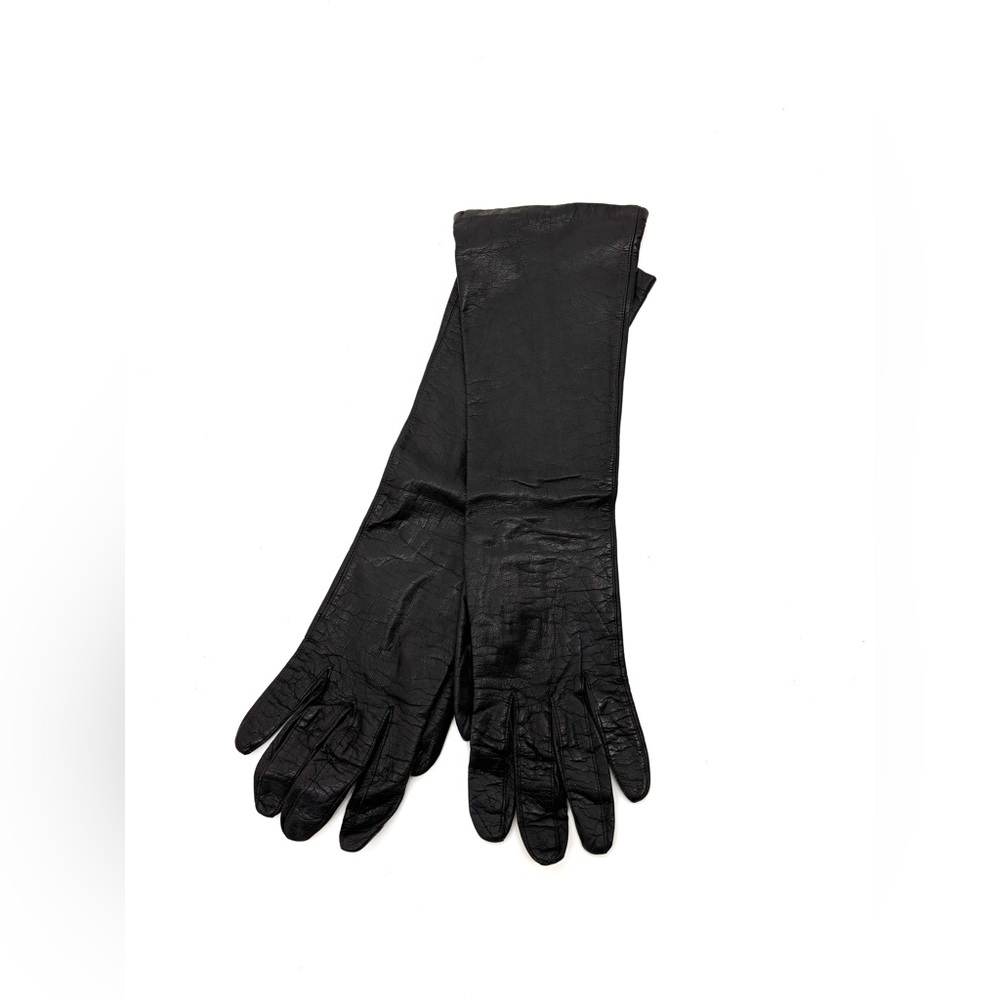 Vintage French Black Long Leather Gloves – Silk Lined, Size 7